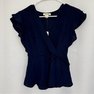 Navy Blue Wrap Ruffle Blouse